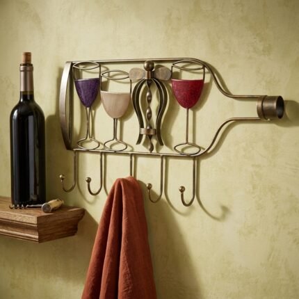 Wine and Corkscrew Wall Hook Rack in golden bronze finish