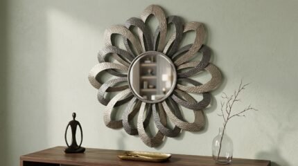 Lunar Unmasking Round Wall Mirror featuring beveled glass